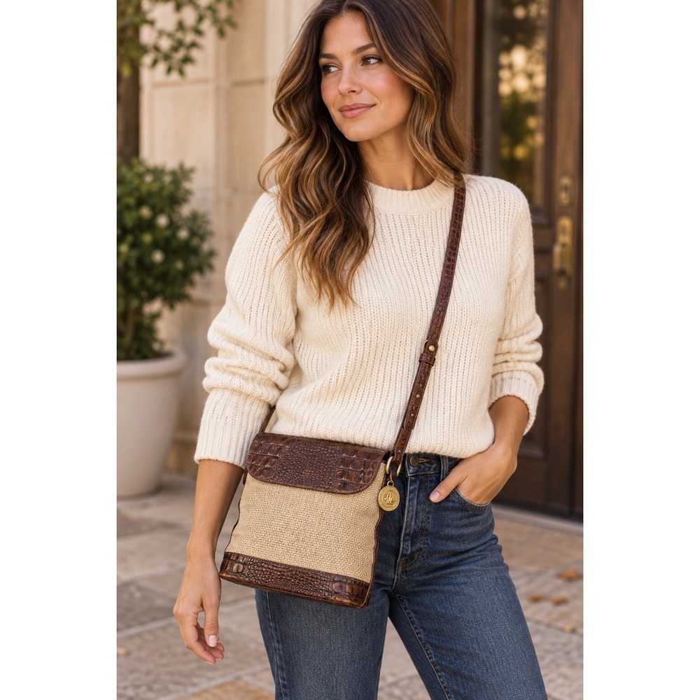 Vintage Brahmin Canvas Croc Embossed Leather Crossbody Bag Brown Tan 90s